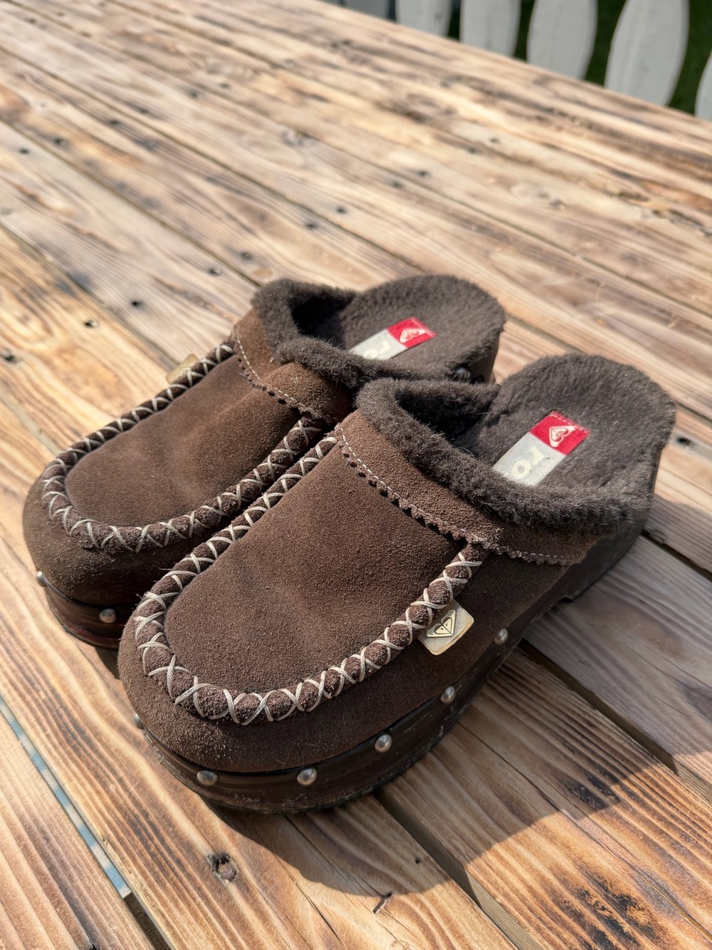 Vintage ROXY Brown Suede Shearling Fur Lined Platform Clogs Mules Studded Y2K